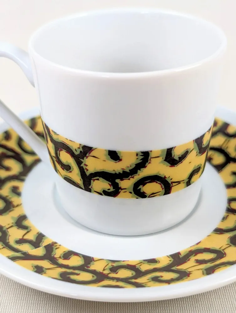 Gifts - Customizable WAX Coffee Cup & Saucer - 'Macaroni' Yellow Pattern, Fine French Porcelain Made to Order - KEMI HOME ART