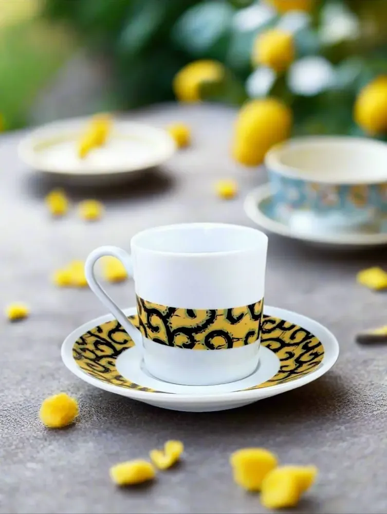 Gifts - Customizable WAX Coffee Cup & Saucer - 'Macaroni' Yellow Pattern, Fine French Porcelain Made to Order - KEMI HOME ART