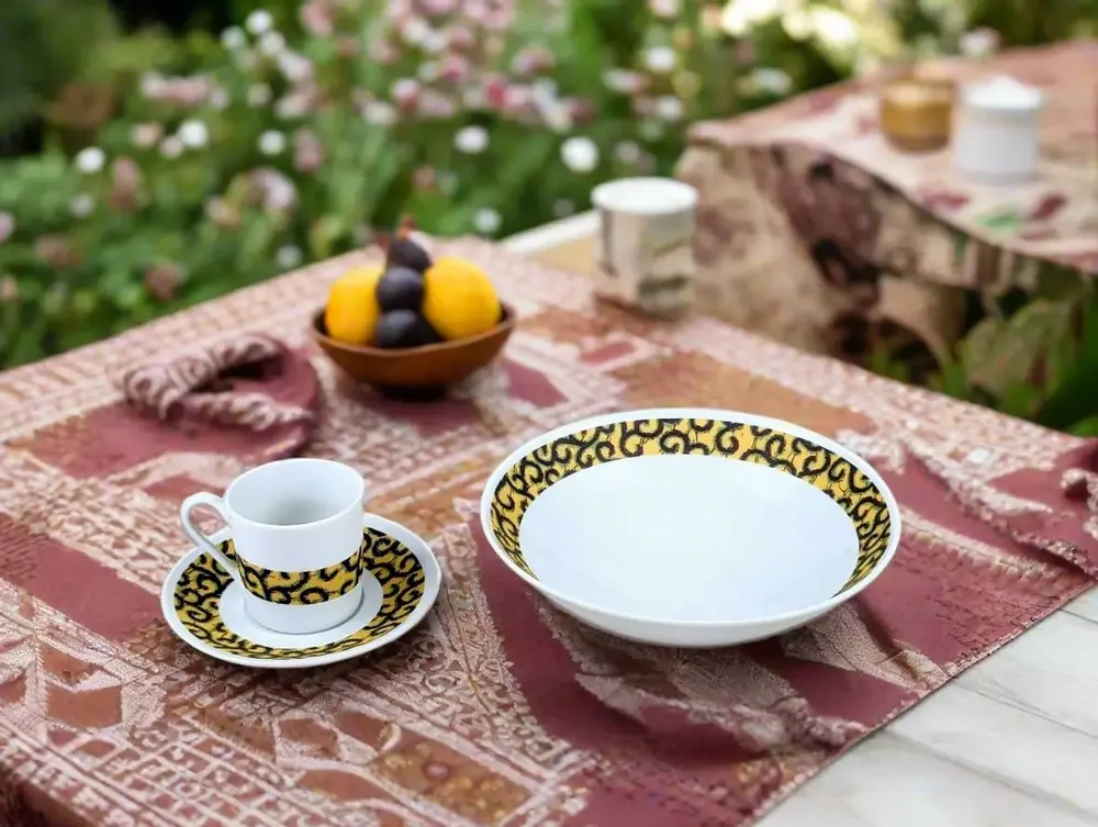 Gifts - Customizable WAX Coffee Cup & Saucer - 'Macaroni' Yellow Pattern, Fine French Porcelain Made to Order - KEMI HOME ART