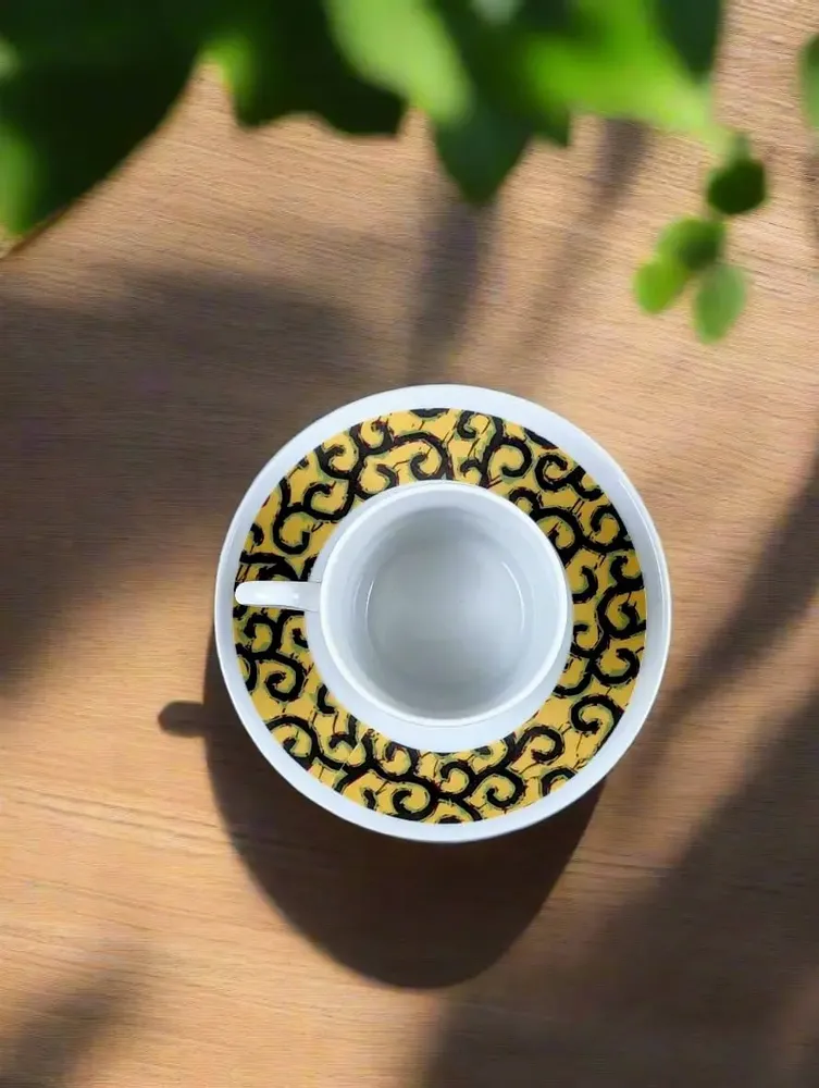 Gifts - Customizable WAX Coffee Cup & Saucer - 'Macaroni' Yellow Pattern, Fine French Porcelain Made to Order - KEMI HOME ART