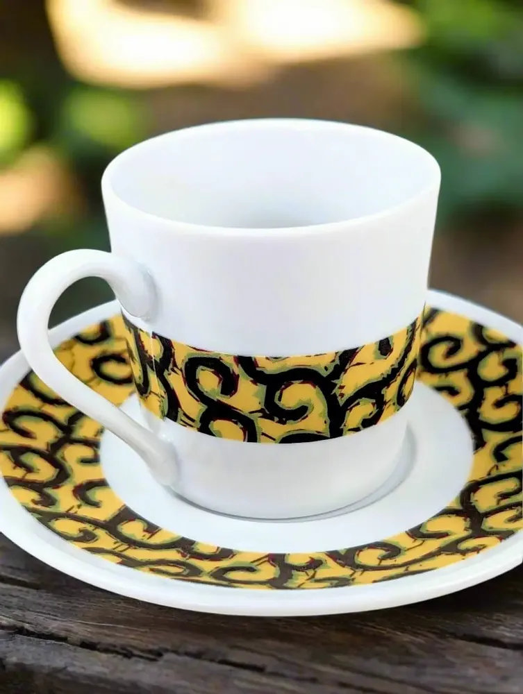 Gifts - Customizable WAX Coffee Cup & Saucer - 'Macaroni' Yellow Pattern, Fine French Porcelain Made to Order - KEMI HOME ART