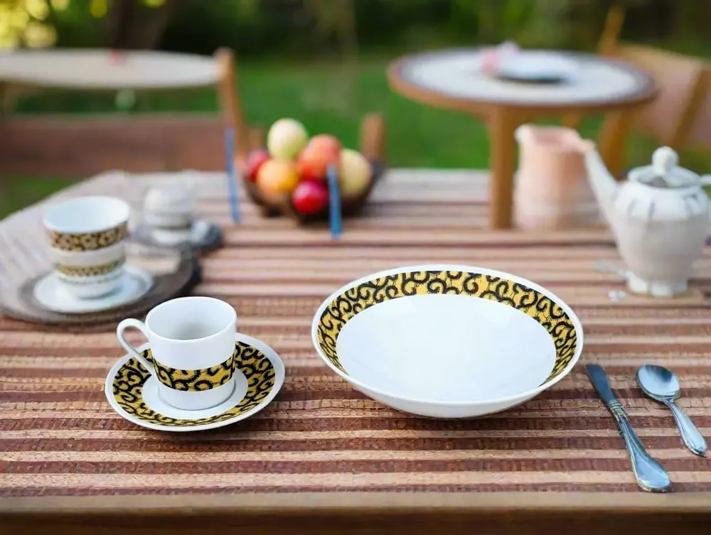 Gifts - Customizable WAX Coffee Cup & Saucer - 'Macaroni' Yellow Pattern, Fine French Porcelain Made to Order - KEMI HOME ART