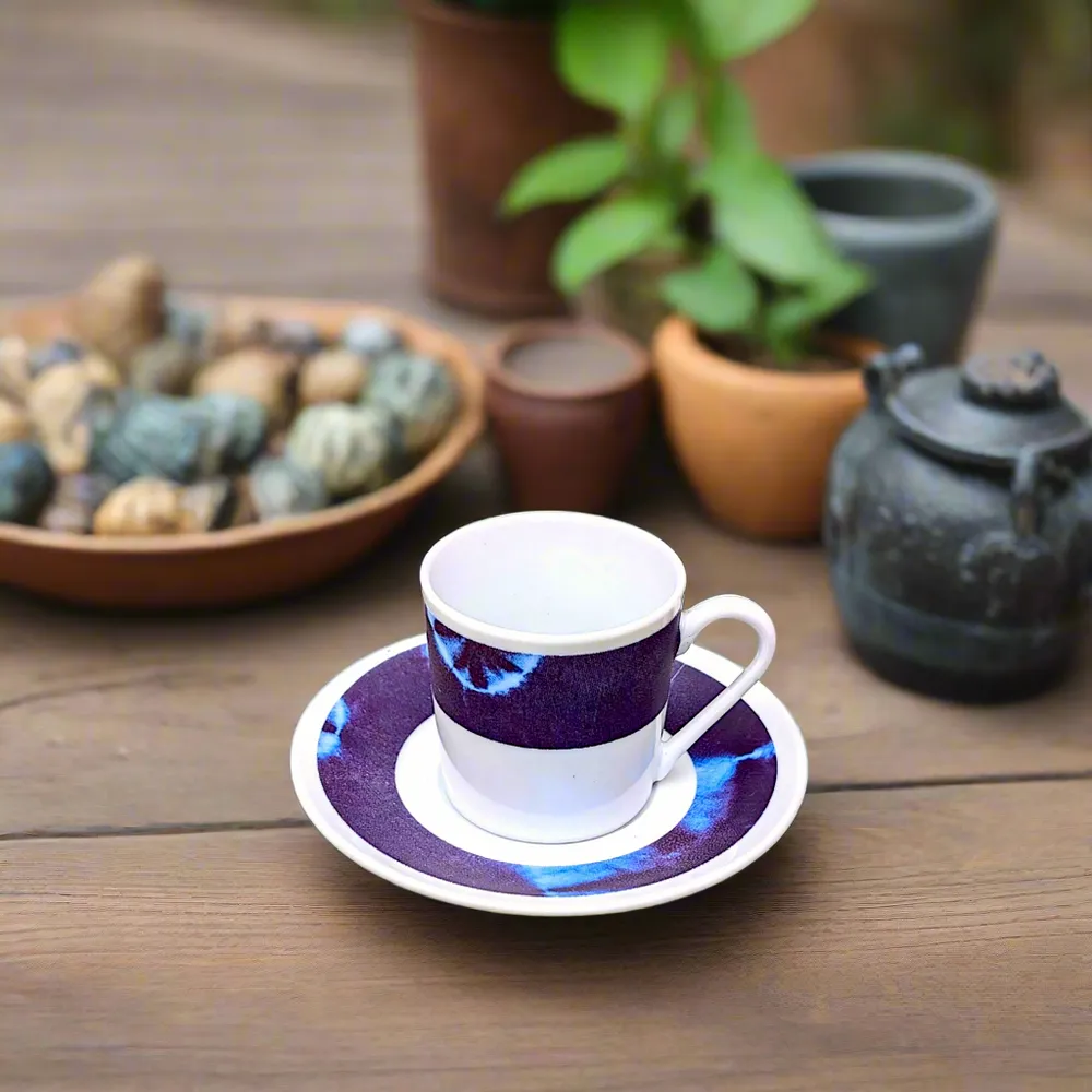 Gifts - Customizable Fine Porcelain Coffee Cup - Unique Indigo Blue Ethnic Pattern - KEMI HOME ART