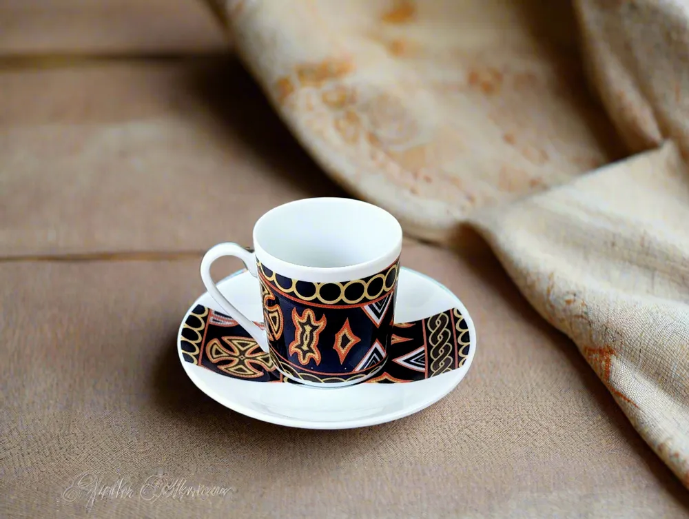 Gifts - Sensory Awakening: Customizable French Porcelain Coffee Cup with Ndop Bamoun Cameroonian Patterns - KEMI HOME ART