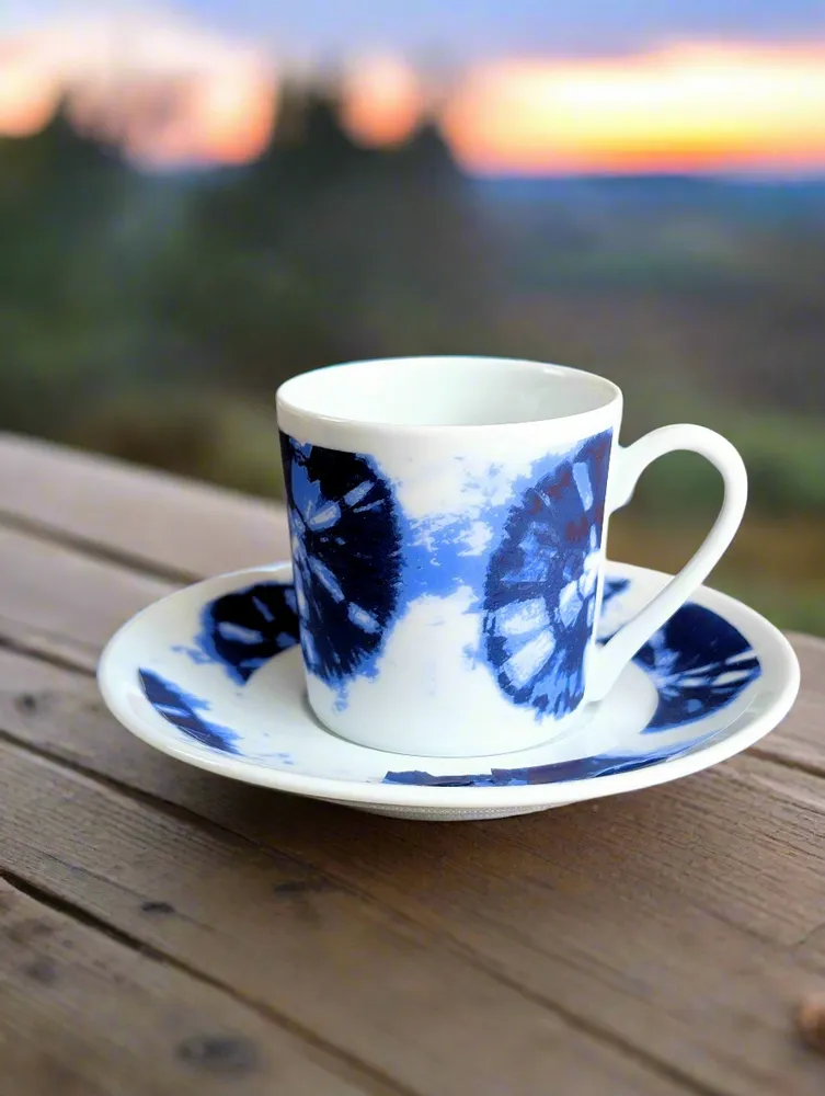 Gifts - African Spark: Customizable Porcelain Cup & Saucer - Unique Reversed Indigo Pattern - KEMI HOME ART