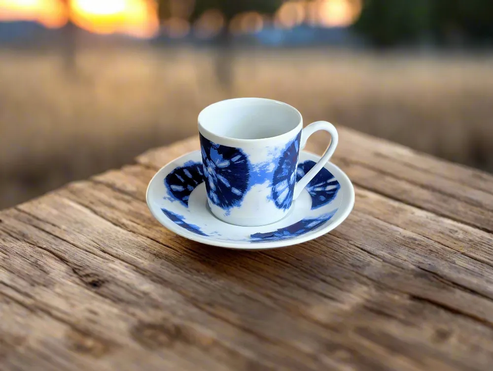 Gifts - African Spark: Customizable Porcelain Cup & Saucer - Unique Reversed Indigo Pattern - KEMI HOME ART
