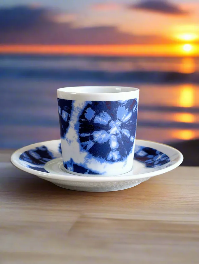 Gifts - African Spark: Customizable Porcelain Cup & Saucer - Unique Reversed Indigo Pattern - KEMI HOME ART