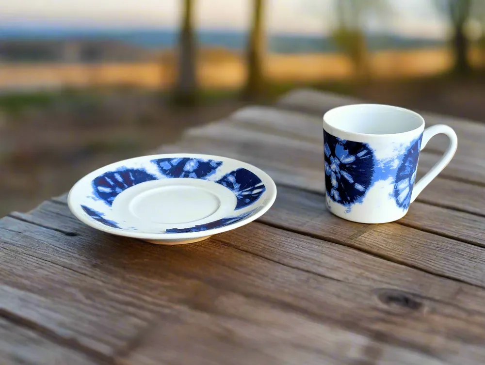 Gifts - African Spark: Customizable Porcelain Cup & Saucer - Unique Reversed Indigo Pattern - KEMI HOME ART