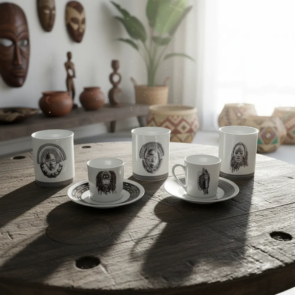 Gifts - Customizable fine porcelain coffee cup: Senoufo art & Ivorian masks, made-to-order unique piece - KEMI HOME ART