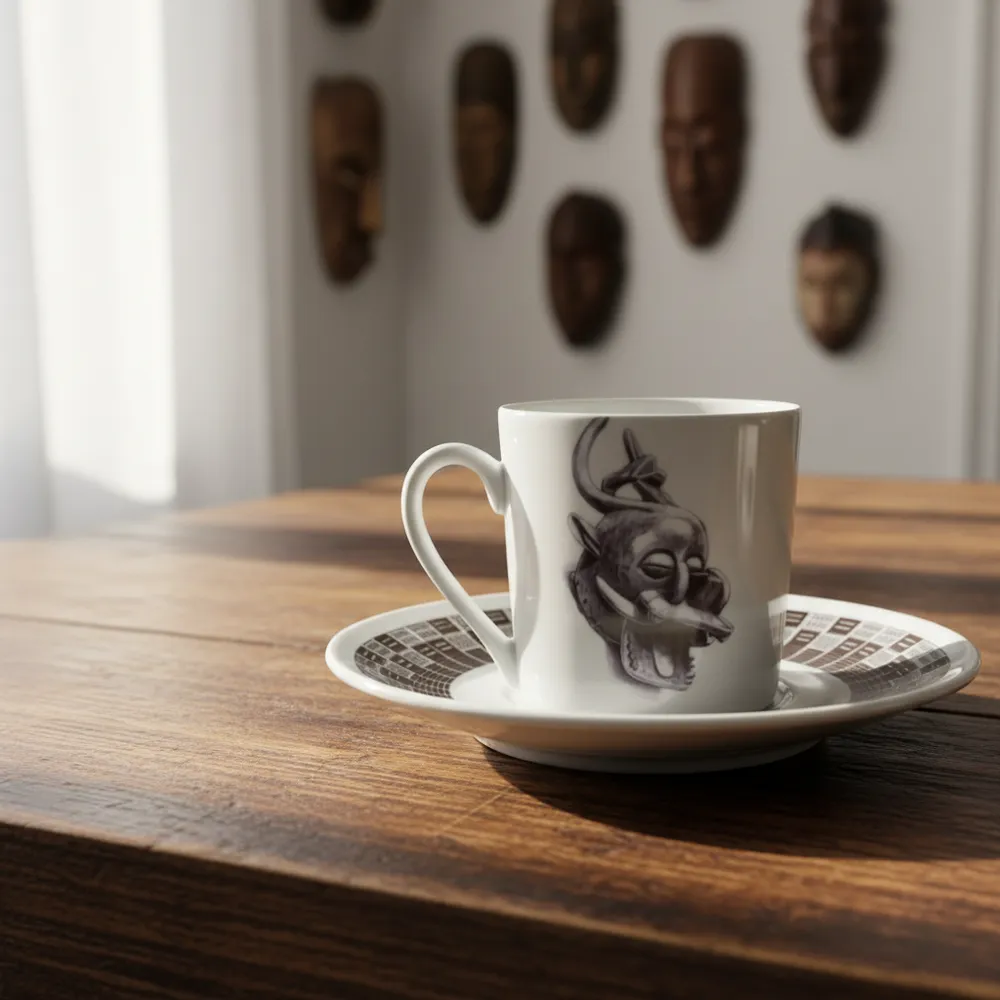 Cadeaux - Tasse à café personnalisable en porcelaine fine : Masques Senoufo, art ivoirien et élégance française sur mesure - KEMI HOME ART