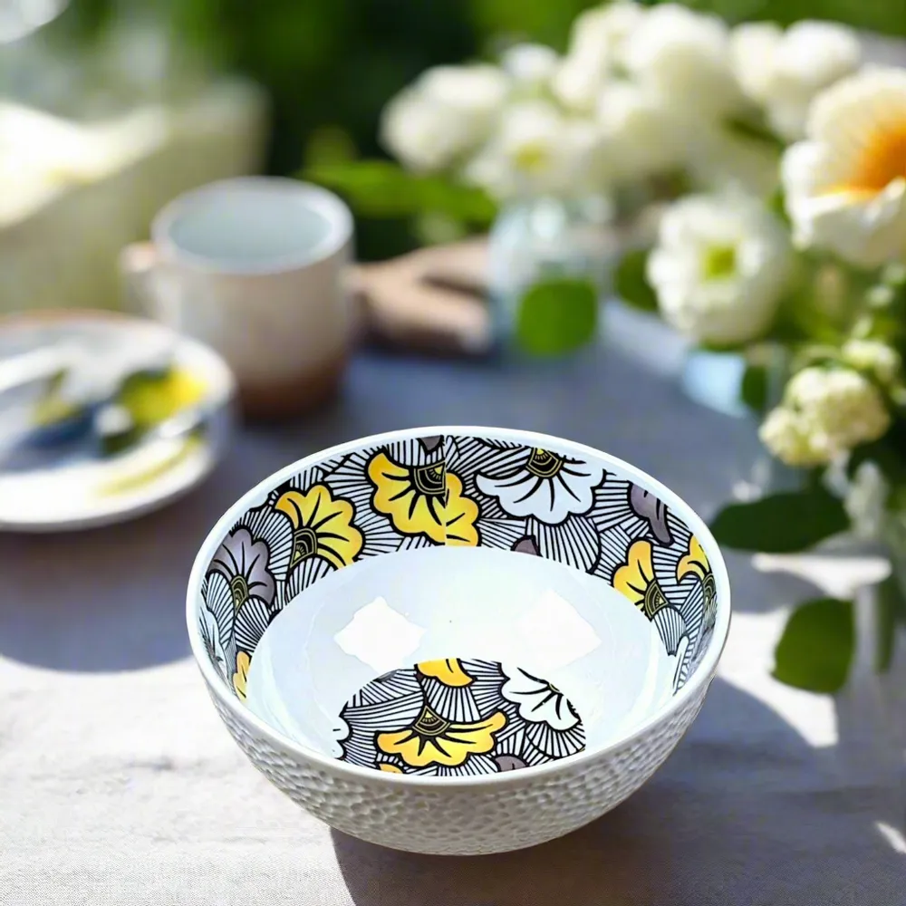 Gifts - Customizable French porcelain bowl - Unique WAX « Wedding Flowers » black and yellow motif, handcrafted made-to-order piece - KEMI HOME ART