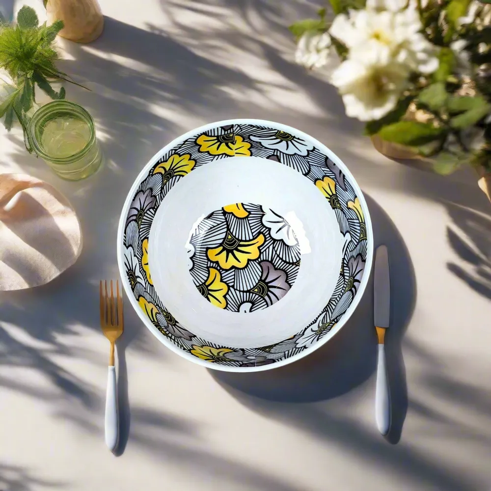 Gifts - Customizable French porcelain bowl - Unique WAX « Wedding Flowers » black and yellow motif, handcrafted made-to-order piece - KEMI HOME ART