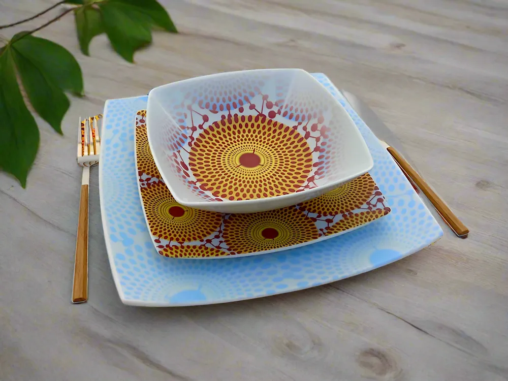 Gifts - Culinary Art Set: 6 Customizable Square French Porcelain Plates - Unique Gammaphone Pattern - KEMI HOME ART