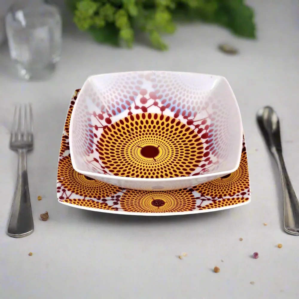 Gifts - Culinary Art Set: 6 Customizable Square French Porcelain Plates - Unique Gammaphone Pattern - KEMI HOME ART