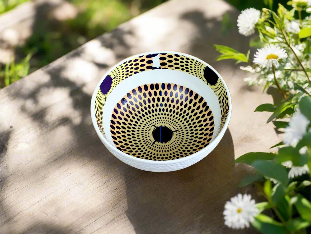 Gifts - Customizable Porcelain Bowl - Yellow Gammaphone Pattern, African Elegance and Unique Rhythm - KEMI HOME ART