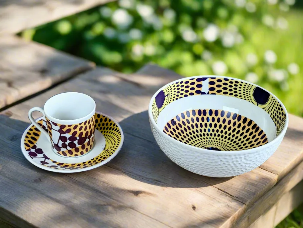 Gifts - Customizable Porcelain Bowl - Yellow Gammaphone Pattern, African Elegance and Unique Rhythm - KEMI HOME ART