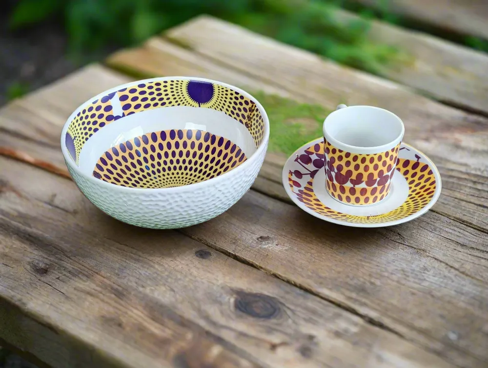 Gifts - Customizable Porcelain Bowl - Yellow Gammaphone Pattern, African Elegance and Unique Rhythm - KEMI HOME ART