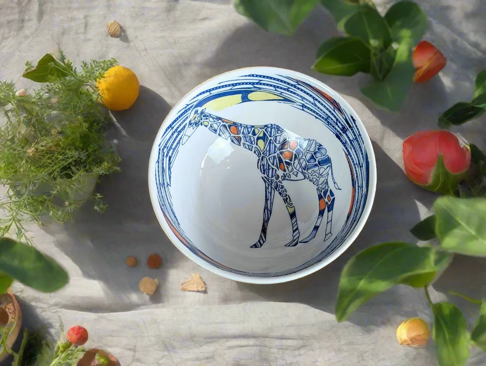 Gifts - Customizable Porcelain Bowl - WAX Giraffe & Electricity Motif, Unique French Craftsmanship - KEMI HOME ART