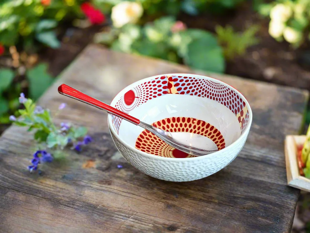 Gifts - Customizable Porcelain Bowl - Red & Yellow Gammaphone Motif, African Wax Elegance - KEMI HOME ART