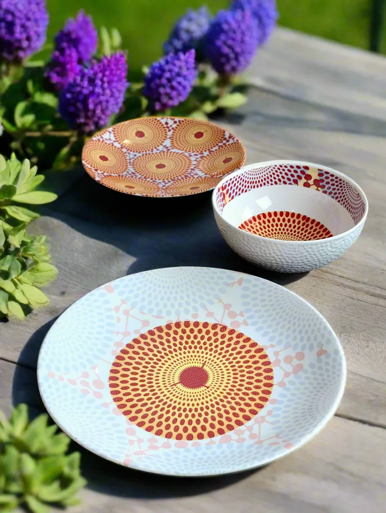 Gifts - Customizable Porcelain Bowl - Red & Yellow Gammaphone Motif, African Wax Elegance - KEMI HOME ART