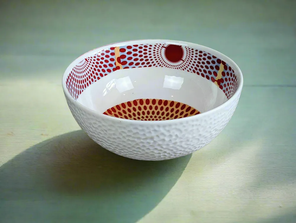 Gifts - Customizable Porcelain Bowl - Red & Yellow Gammaphone Motif, African Wax Elegance - KEMI HOME ART