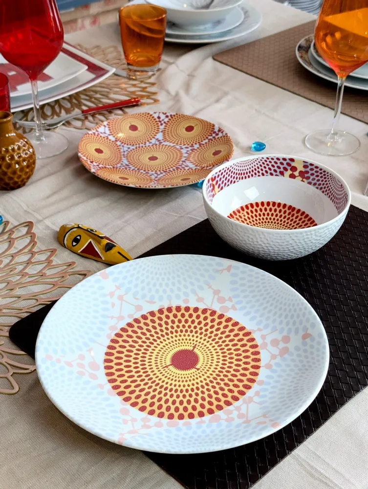 Gifts - Customizable Porcelain Bowl - Red & Yellow Gammaphone Motif, African Wax Elegance - KEMI HOME ART