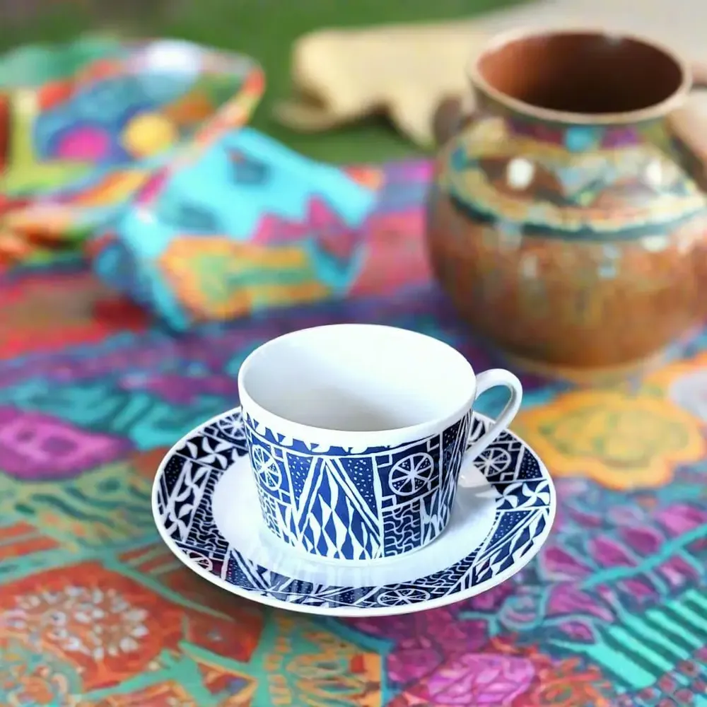 Gifts - Ndop Blue Teacup Set: Customizable African Elegance in Fine French Porcelain - KEMI HOME ART