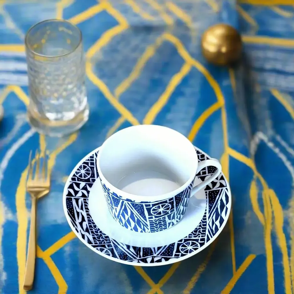Gifts - Ndop Blue Teacup Set: Customizable African Elegance in Fine French Porcelain - KEMI HOME ART