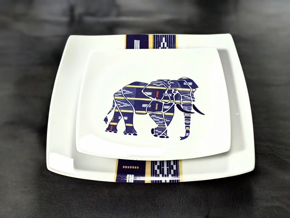 Gifts - Baoulé Elephants: Customizable Square Porcelain Plate Set - Ivorian Craftsmanship & Tradition - KEMI HOME ART