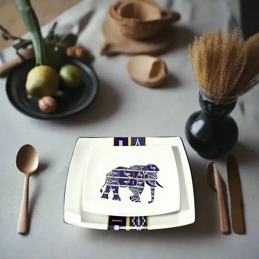 Gifts - Baoulé Elephants: Customizable Square Porcelain Plate Set - Ivorian Craftsmanship & Tradition - KEMI HOME ART