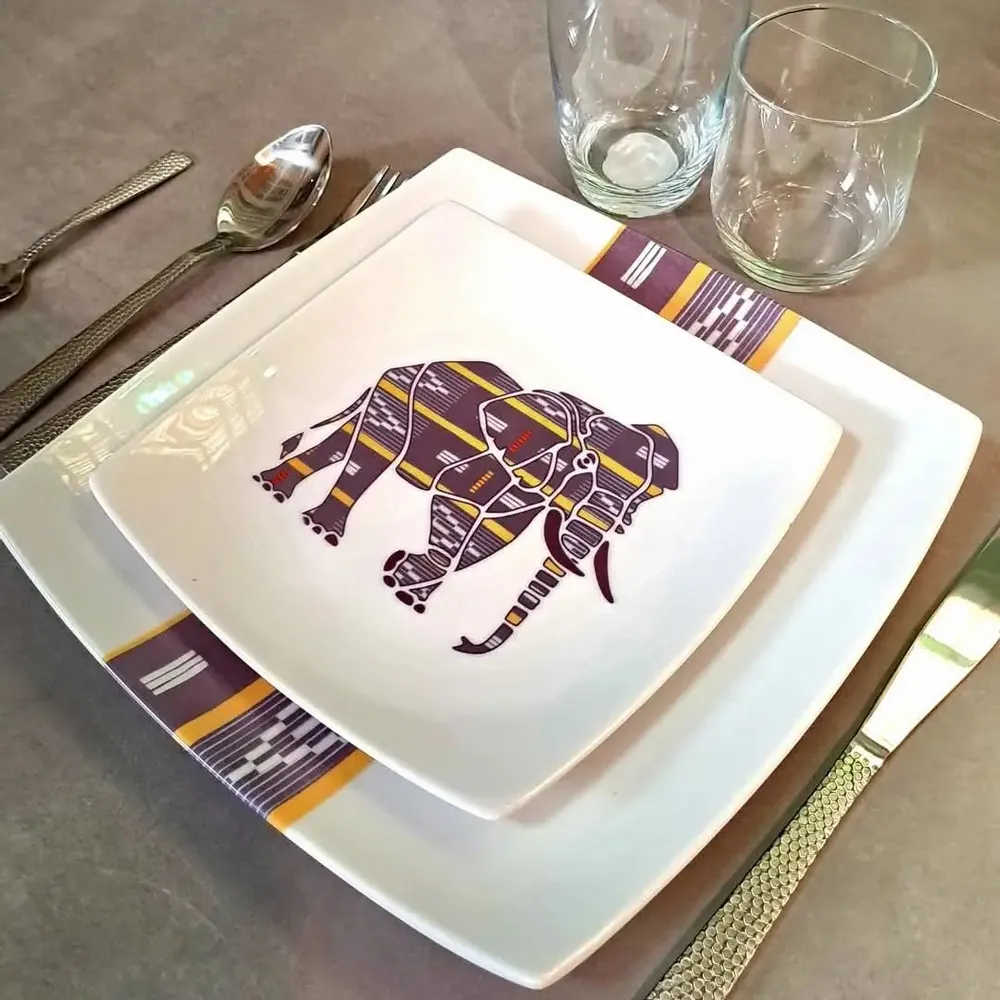 Gifts - Baoulé Elephants: Customizable Square Porcelain Plate Set - Ivorian Craftsmanship & Tradition - KEMI HOME ART