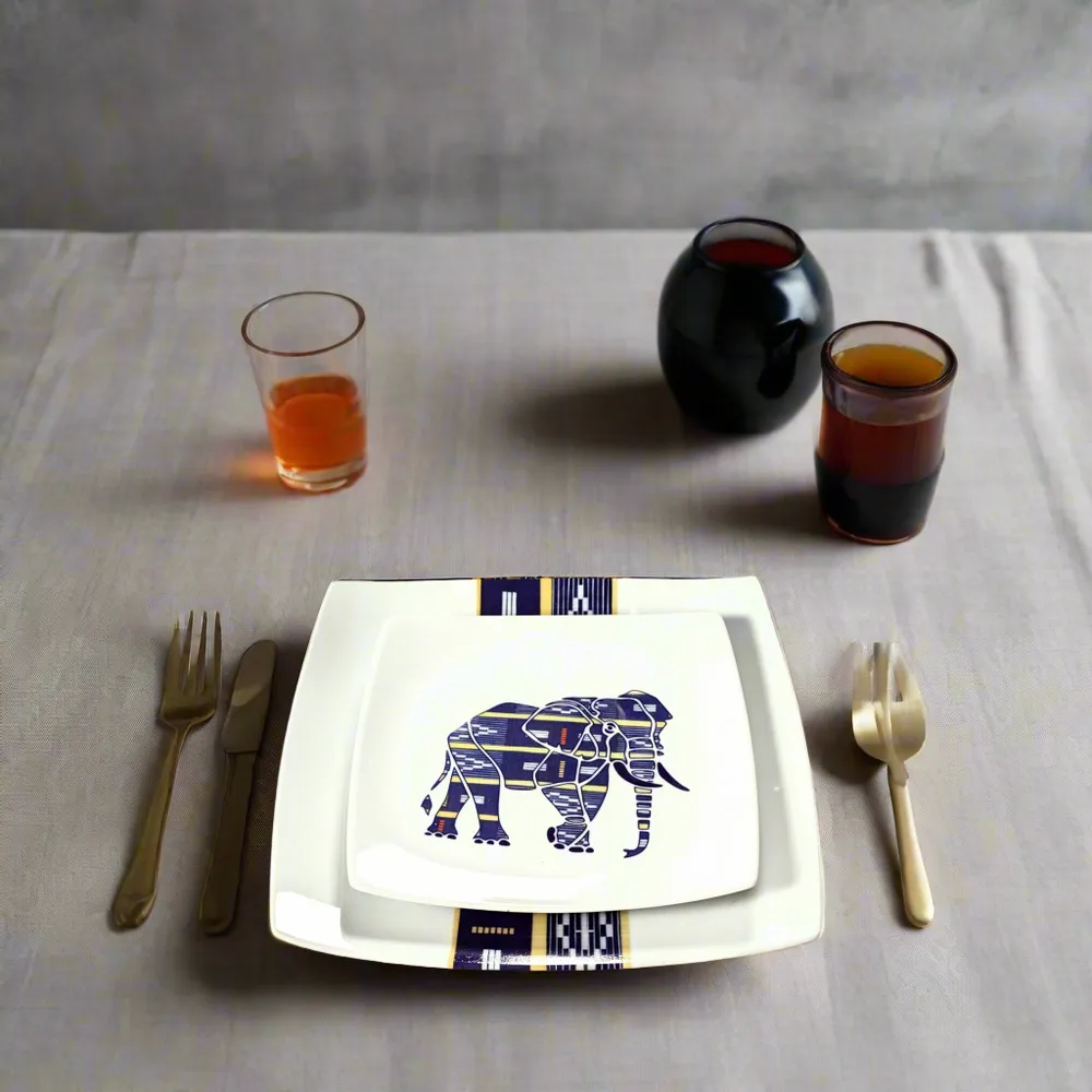 Gifts - Baoulé Elephants: Customizable Square Porcelain Plate Set - Ivorian Craftsmanship & Tradition - KEMI HOME ART