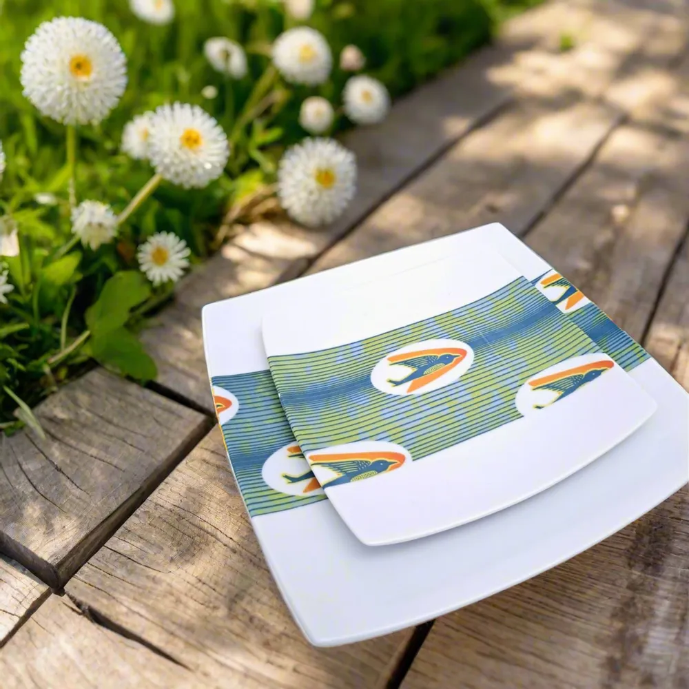 Gifts - WAX Sparkle: Set of 12 Customizable Square Plates in Fine Porcelain, Swallow Motif - French Handcrafted Made-to-Order - KEMI HOME ART