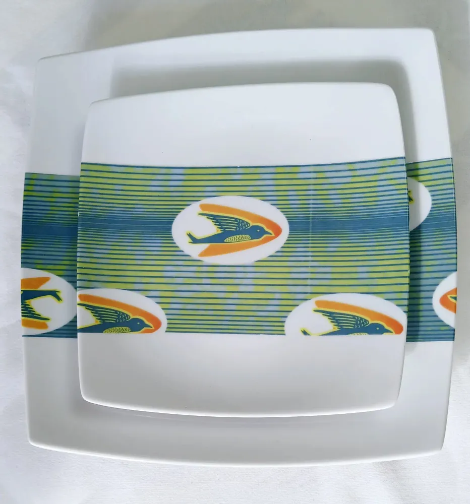 Gifts - WAX Sparkle: Set of 12 Customizable Square Plates in Fine Porcelain, Swallow Motif - French Handcrafted Made-to-Order - KEMI HOME ART