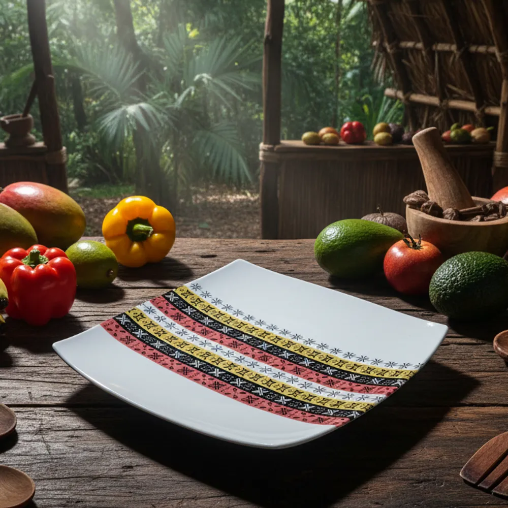 Gifts - Limited Edition: Set of 12 Customizable Square Porcelain Plates - Bogolan & West African Masks Design - Unique Table Art - KEMI HOME ART