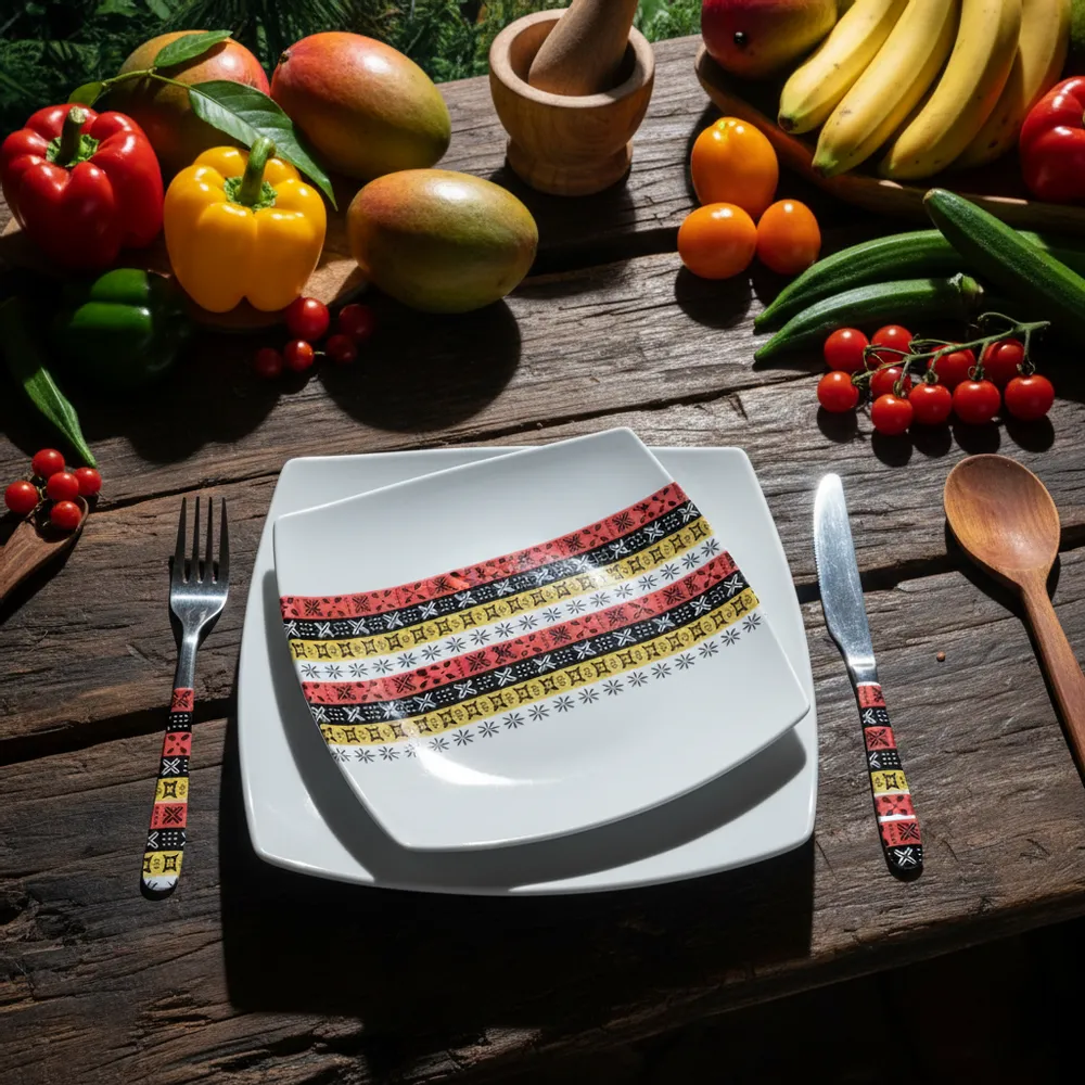 Gifts - Limited Edition: Set of 12 Customizable Square Porcelain Plates - Bogolan & West African Masks Design - Unique Table Art - KEMI HOME ART