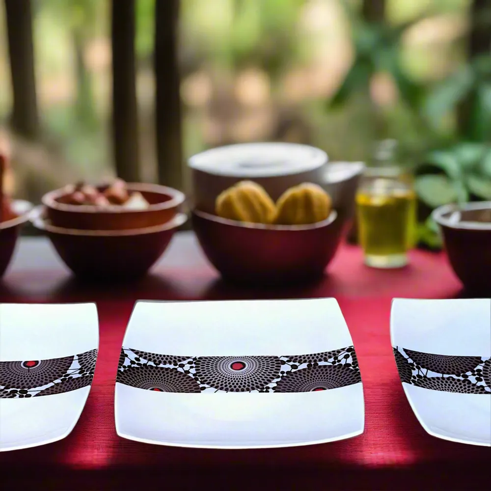 Gifts - Limited Edition: Set of 12 Customizable Square Porcelain Plates – African Masks & Black Gramophone Ethnic Patterns - KEMI HOME ART