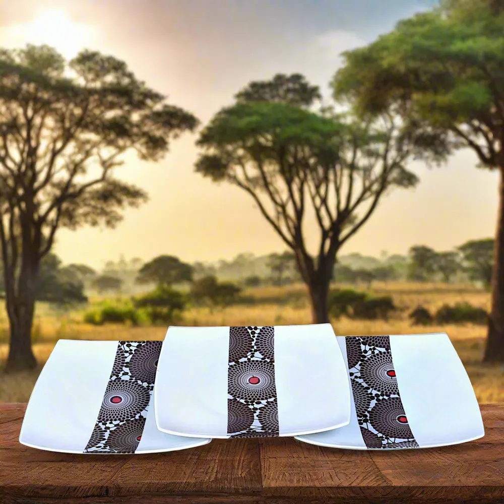 Gifts - Limited Edition: Set of 12 Customizable Square Porcelain Plates – African Masks & Black Gramophone Ethnic Patterns - KEMI HOME ART