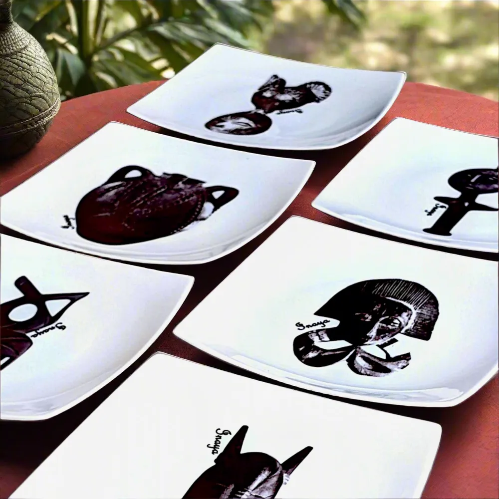 Gifts - Limited Edition: Set of 12 Customizable Square Porcelain Plates – African Masks & Black Gramophone Ethnic Patterns - KEMI HOME ART