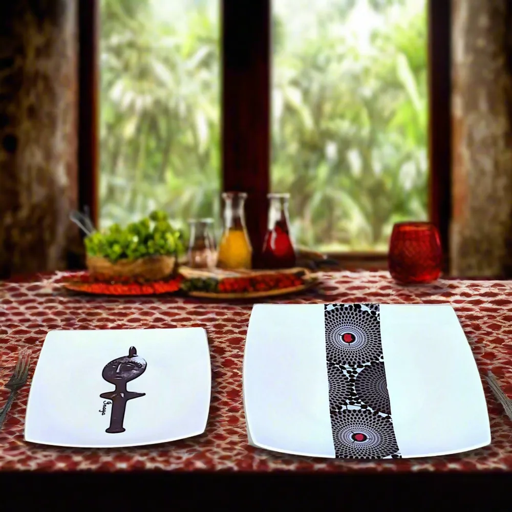 Gifts - Limited Edition: Set of 12 Customizable Square Porcelain Plates – African Masks & Black Gramophone Ethnic Patterns - KEMI HOME ART