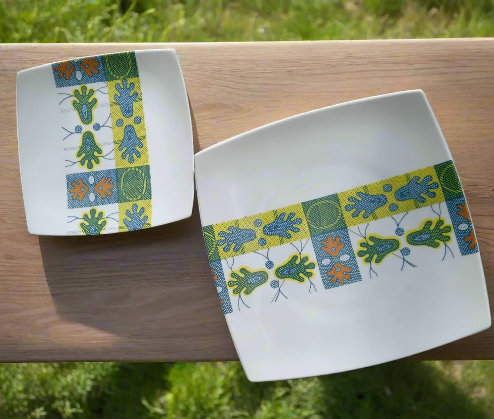 Gifts - Customizable Square Porcelain Plate Set - African WAX 'Ton Pied Mon Pied' Pattern - Elegance and Unity for Your Table - KEMI HOME ART