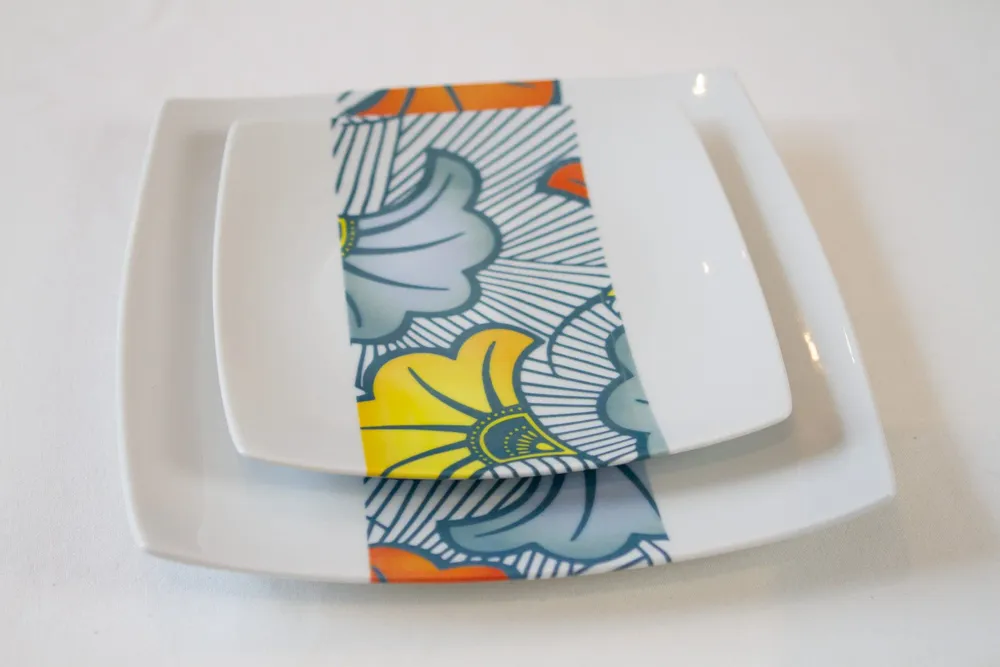 Gifts - Prestige Edition: Customizable Porcelain Plate Set with 'Grand Marriage Flowers' WAX Motif – African Elegance for Your Table - KEMI HOME ART