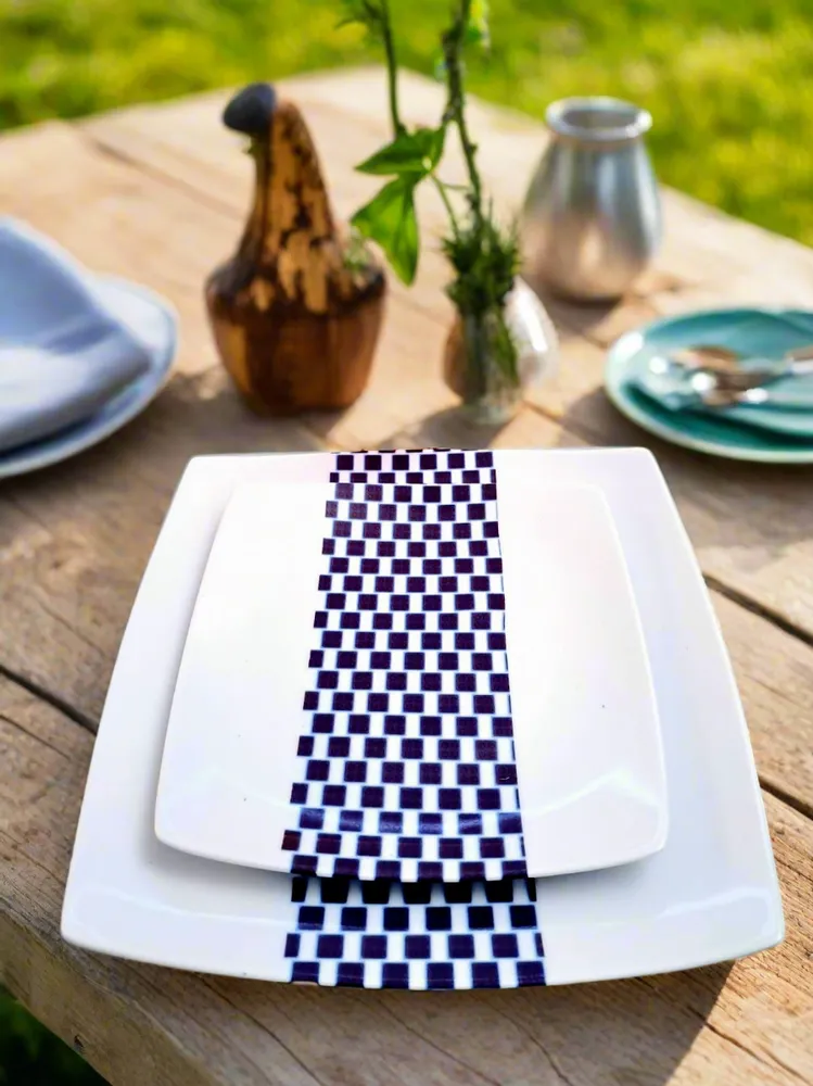 Gifts - Limited Edition: Customizable Set of 12 Square French Porcelain Plates - Unique Ludo Kouin WAX Pattern - KEMI HOME ART