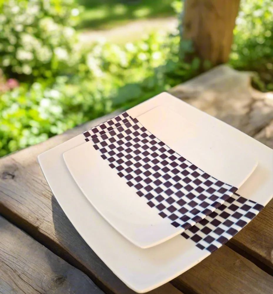 Gifts - Limited Edition: Customizable Set of 12 Square French Porcelain Plates - Unique Ludo Kouin WAX Pattern - KEMI HOME ART