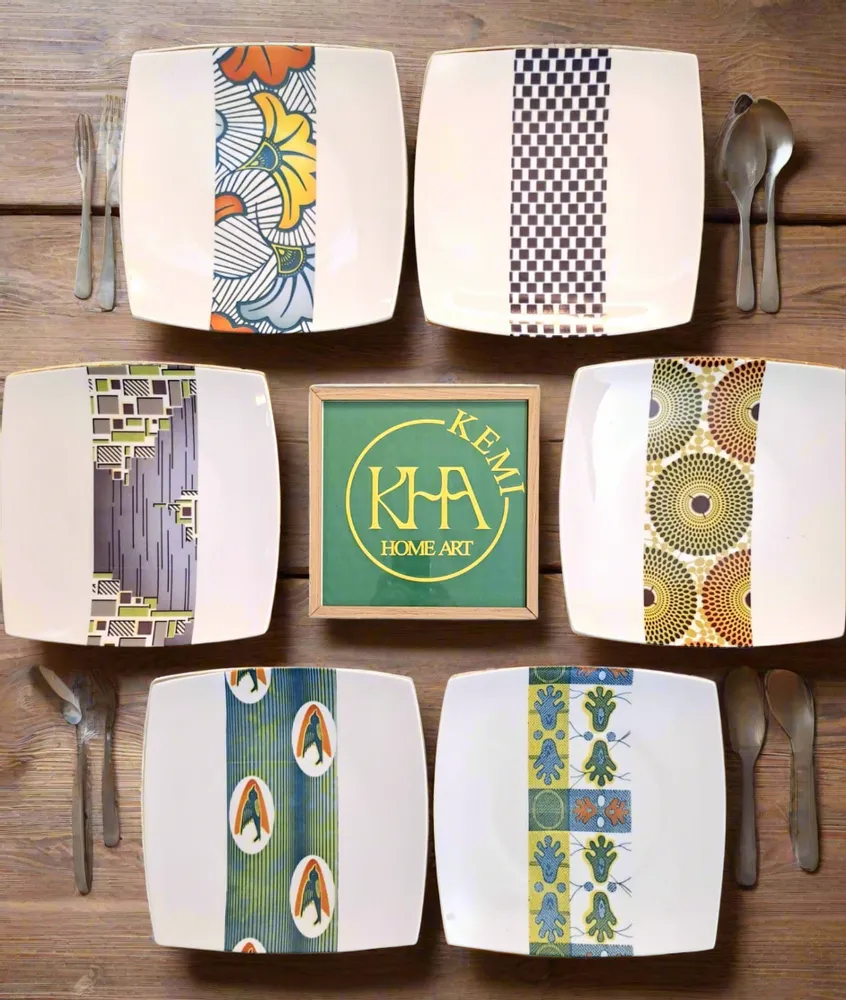 Gifts - Limited Edition: Customizable Set of 12 Square French Porcelain Plates - Unique Ludo Kouin WAX Pattern - KEMI HOME ART