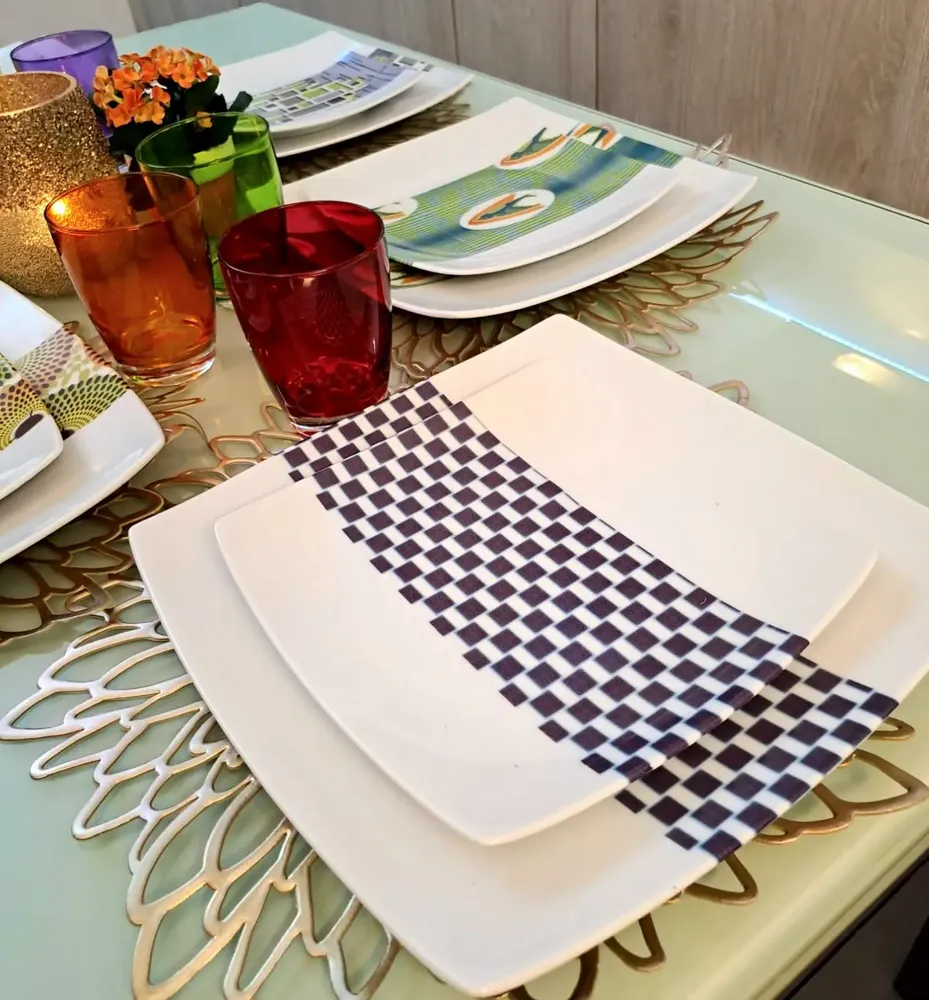 Gifts - Limited Edition: Customizable Set of 12 Square French Porcelain Plates - Unique Ludo Kouin WAX Pattern - KEMI HOME ART