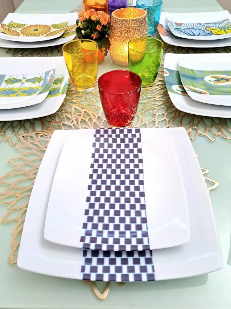 Gifts - Limited Edition: Customizable Set of 12 Square French Porcelain Plates - Unique Ludo Kouin WAX Pattern - KEMI HOME ART