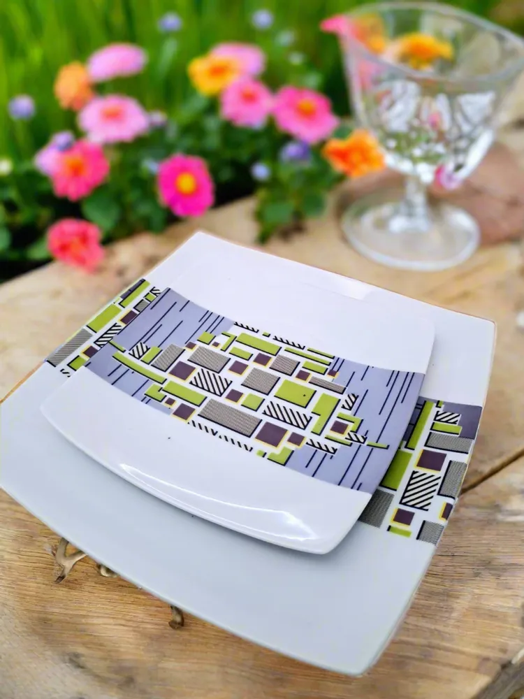 Gifts - Prestige Edition: Set of 12 Customizable Square Porcelain Plates - Unique WAX Billionaire Pattern - KEMI HOME ART