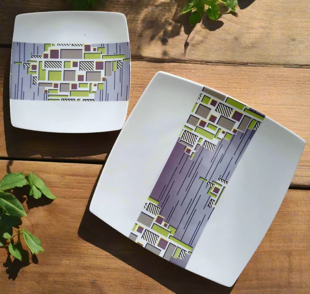 Gifts - Prestige Edition: Set of 12 Customizable Square Porcelain Plates - Unique WAX Billionaire Pattern - KEMI HOME ART