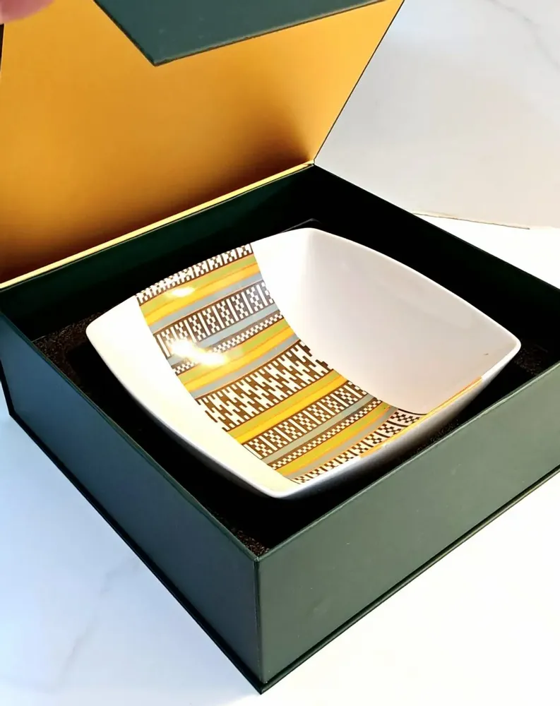 Gifts - Handcrafted Customizable Porcelain Bowl - Ethnic Kanta Pattern from Niger in Gift Box - KEMI HOME ART